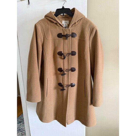 L.L.Bean Bellandi Italian Wool Duffle Coat Womens XL Camel Hooded Toggle Heavy - Picture 1 of 11
